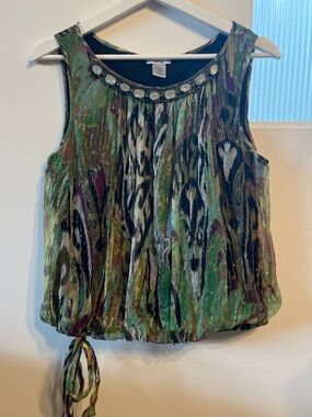 Fairycore Green Beaded Gold Threaded Silk Top